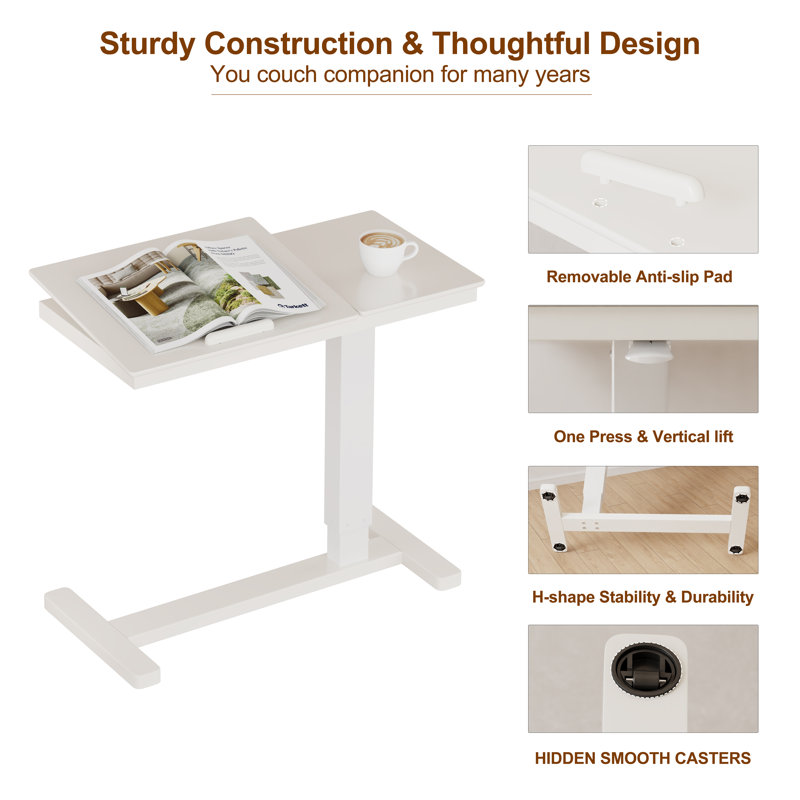 Solid Wood Adjustable Side Table with Tilting Top & Hidden Casters - Multi-Function Laptop Desk for Bed & Sofa, White