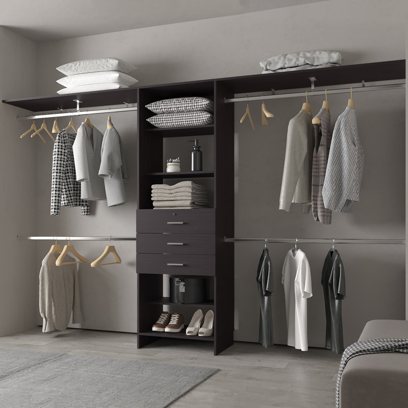 Système d'organisation modulaire pour garde-robe avec tringles à suspension, tablettes et tiroirs, FM Furniture Geek, Wengé
