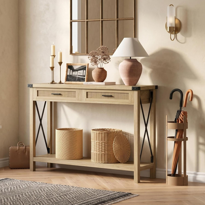 Table d'entrée 43 po avec tiroirs en rotin, console de style campagne moderne pour le salon, table de canapé robuste derrière le canapé, table d'appoint peu encombrante pour le vestibule et les petits espaces