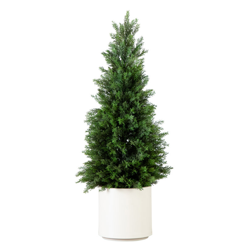 Cèdre artificiel résistant aux rayons UV dans un pot décoratif blanc (intérieur / extérieur), H 36 po x l 14 po x P 14 po