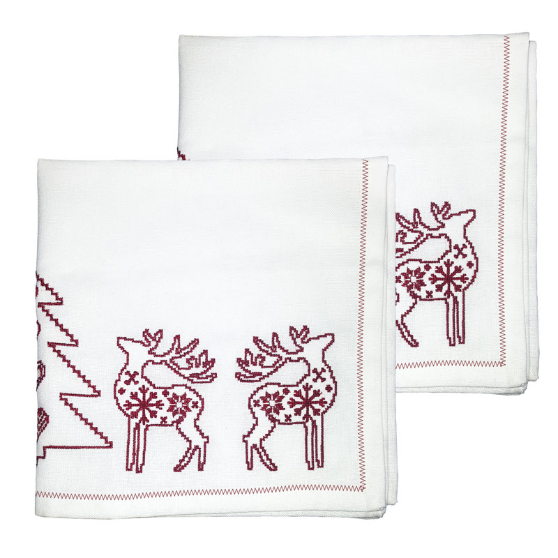 Camellia Cotton Embroidered Square Napkin, White/Red