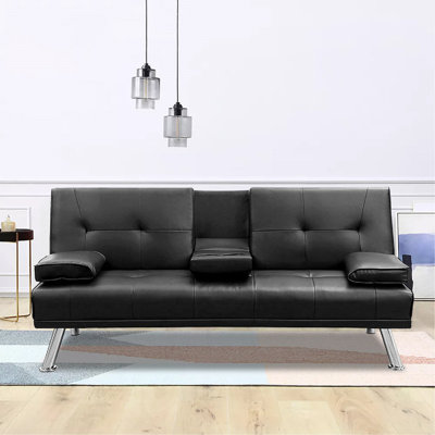 Futon Sofa Bed, Modern Faux Leather Convertible Folding Lounge Sofa for Living Room with 2 Cup Holders Removable Soft Armrests and Sturdy Metal Legs, Charming Black.