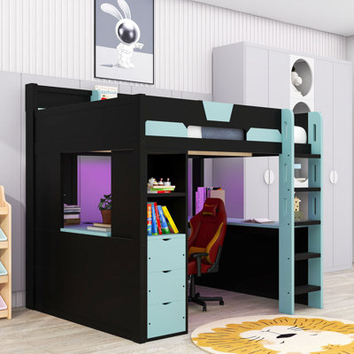 Lit mezzanine en bois avec bureau intégré, tiroirs, lumières DEL et tablettes