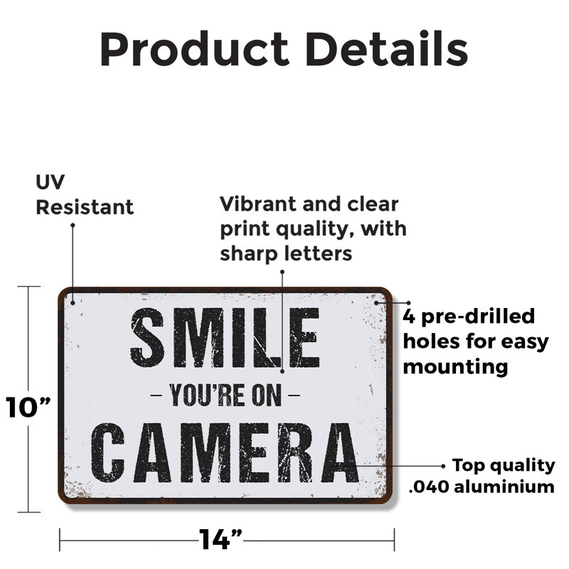 Enseigne de fantaisie en aluminium 10 po x 14 po Smile You Are On Caméra, H 10 po x l 14 po x P 0,1 po, Blanc