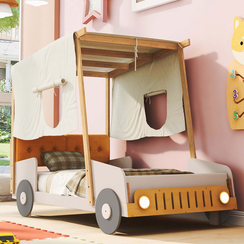 Lit voiture simple en bois avec oreiller et toile de plafond, naturel, Lit simple