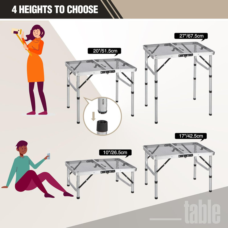 Table de barbecue pliante portative en fer de 24 po avec 4 hauteurs réglables, petite table d'appoint de patio en métal résistante à la chaleur et support de barbecue pour la cour arrière, argent