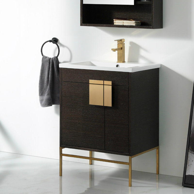 Ensemble de meuble-lavabo simple 24 po Maisie, Laiton satiné, Chêne noir à grain droit