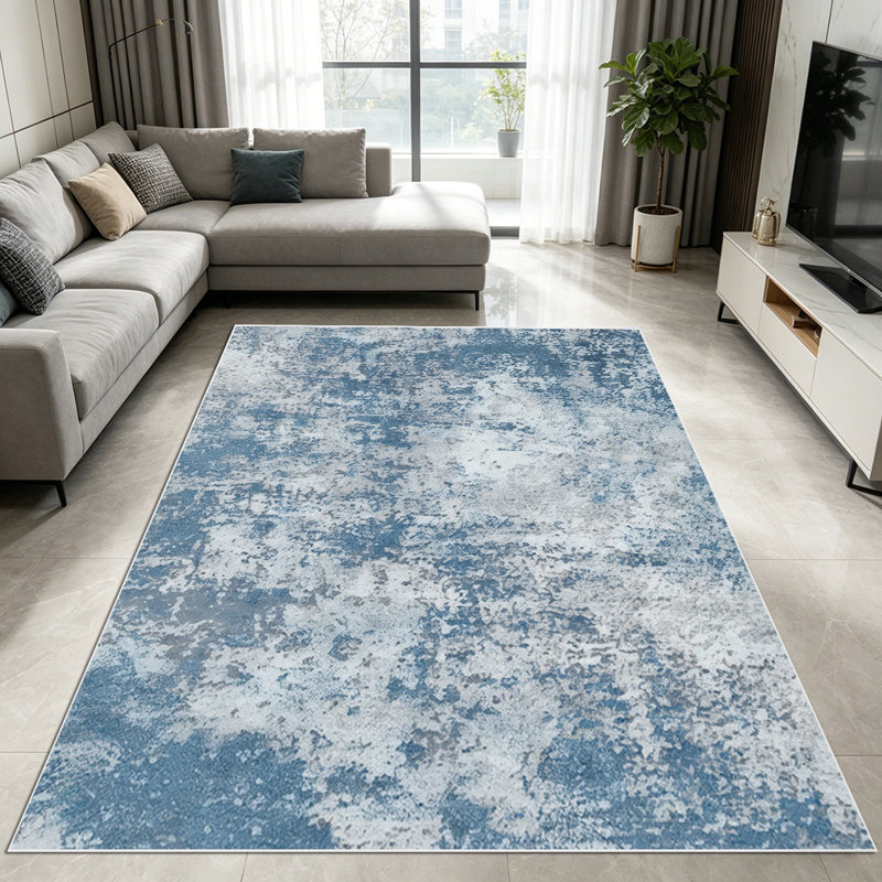 1PC distressed blue and white speckled abstract watercolor marble area rugs for Living Room, Soft, All seasons, Easy-maintain, Washable Indoor mat, Farmhouse suitable for for dining table, bedroom bedside, home office...