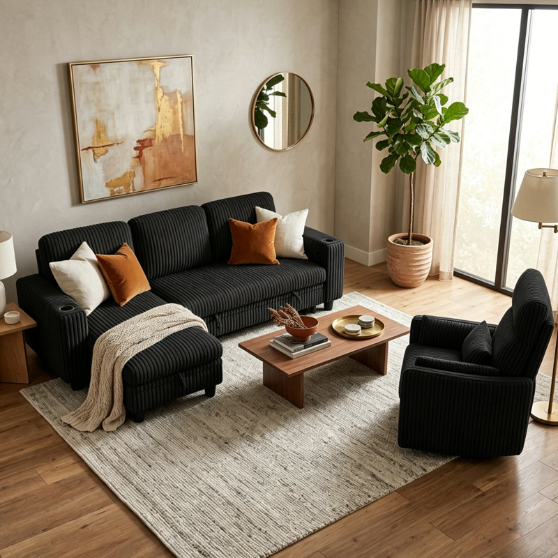Canapé modulaire en L rembourré en L de 81 po avec méridienne coulissante Sherry, porte de rangement USB et porte-gobelets Sherry