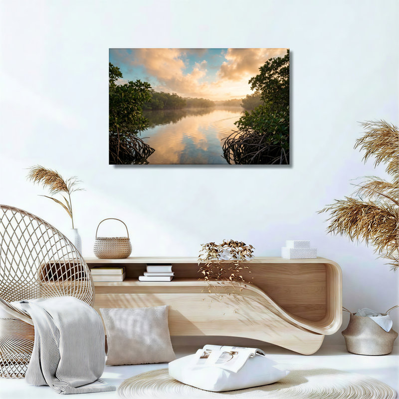 Ensemble de 1 tableau sur toile représentant une rivière au coucher du soleil, H 20 po x l 30 po, Toile tendue