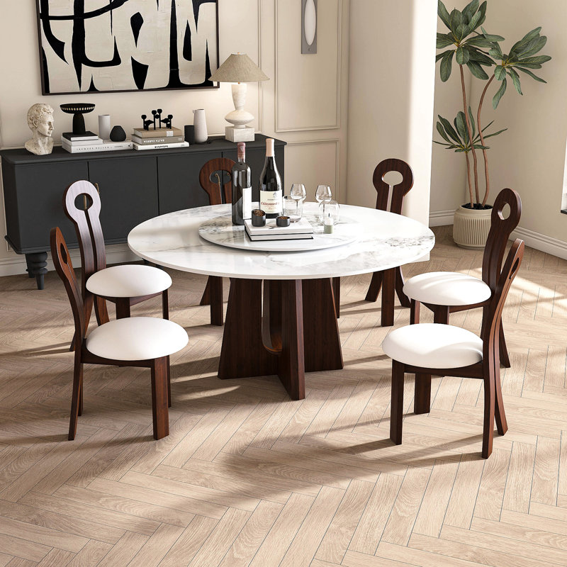 Modern Marble Dining Table, Sintered Stone Round Dining Table With Solid Wood Walnut Base, Sturdy Cross Design