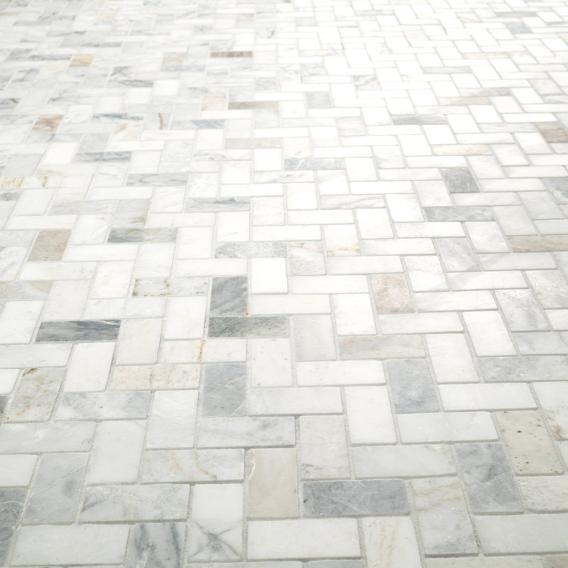 Castella de Blanc Herringbone 12 in. x 12 in. Honed Marble Mosaic Floor and Wall Tile