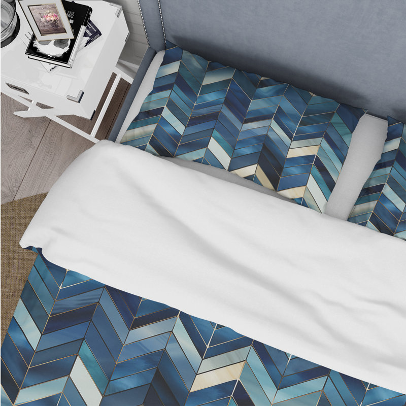 Ensemble de housse de couette à chevrons rétro bleu cobalt, Housse de couette simple + 1 taie décorative stan