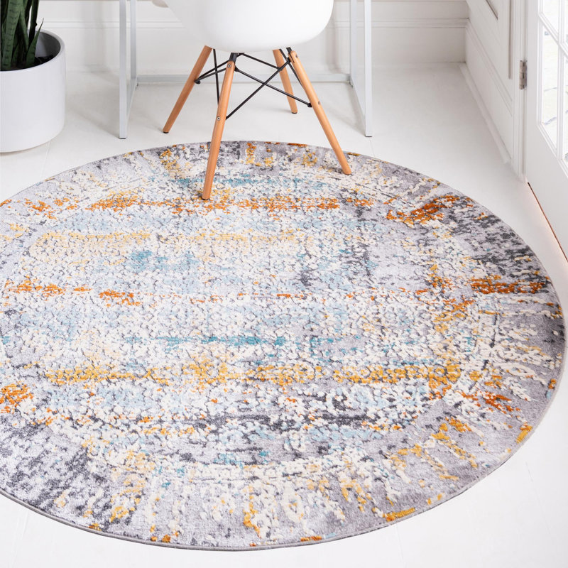 Tapis abstrait gris, Rond 3 pi 7 po