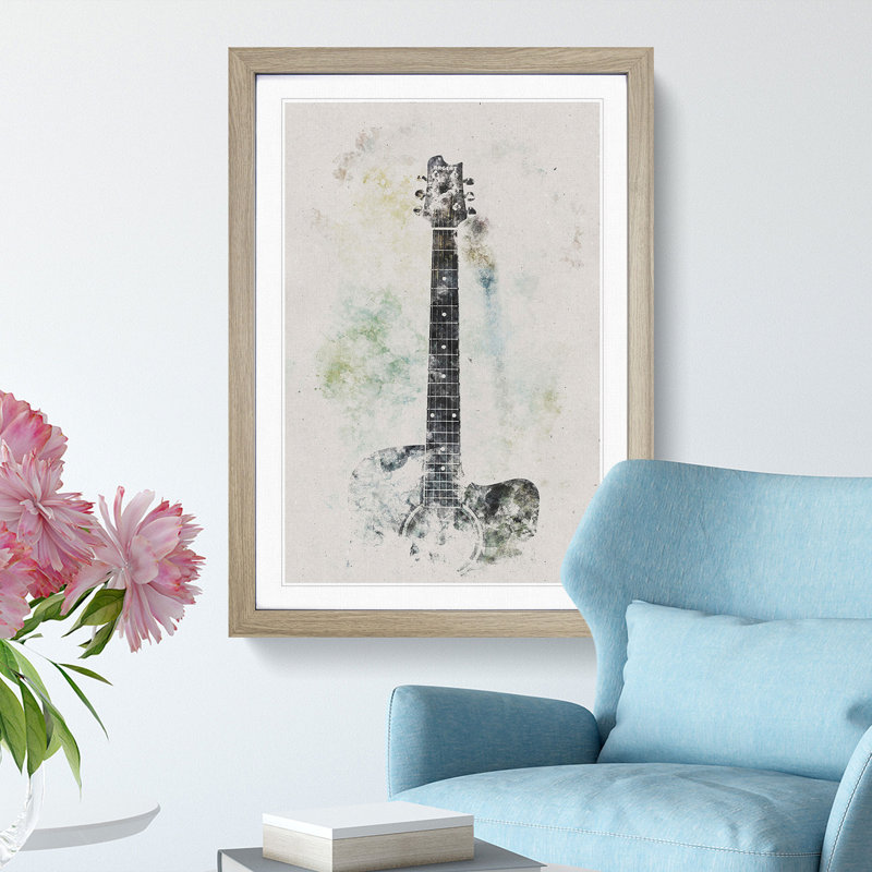 Acoustic Guitar Watercolour - Picture Frame Graphic Art, 45cm H x 33cm W x 2cm D, Oak Framed