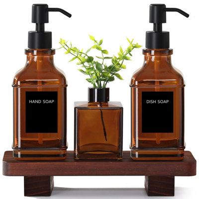 Modern Kitchen Soap Dispenser Set With Wood Tray, Amber Glass Soap Dispensers With Pump, Decorative Hand And Dish Soap Dispenser Set, Soap And Lotion Dispenser Upgrade For Kitchen And Bathroom Decor