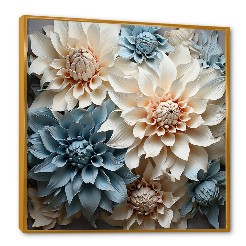 «White and Blue Dahlia Symphony IV», reproduction sur toile, Cadre flottant doré, H 24 po x l 24 po x P 1 po