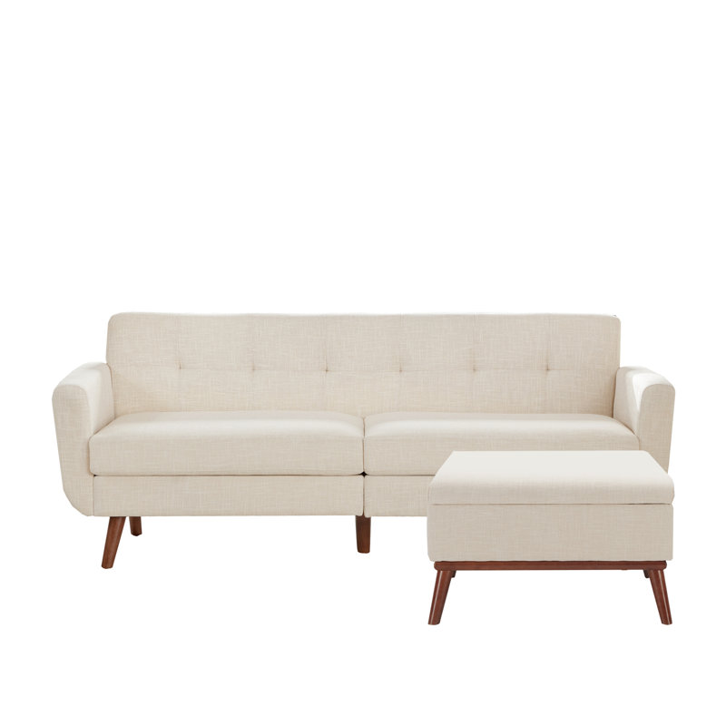 78'' Square Arms Sofa With Ottoman, Beige Linen
