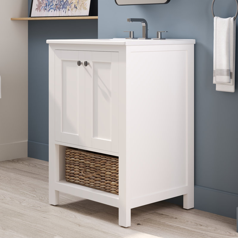 24" White Freestanding Bathroom Vanity with Ceramic Top and Woven Basket