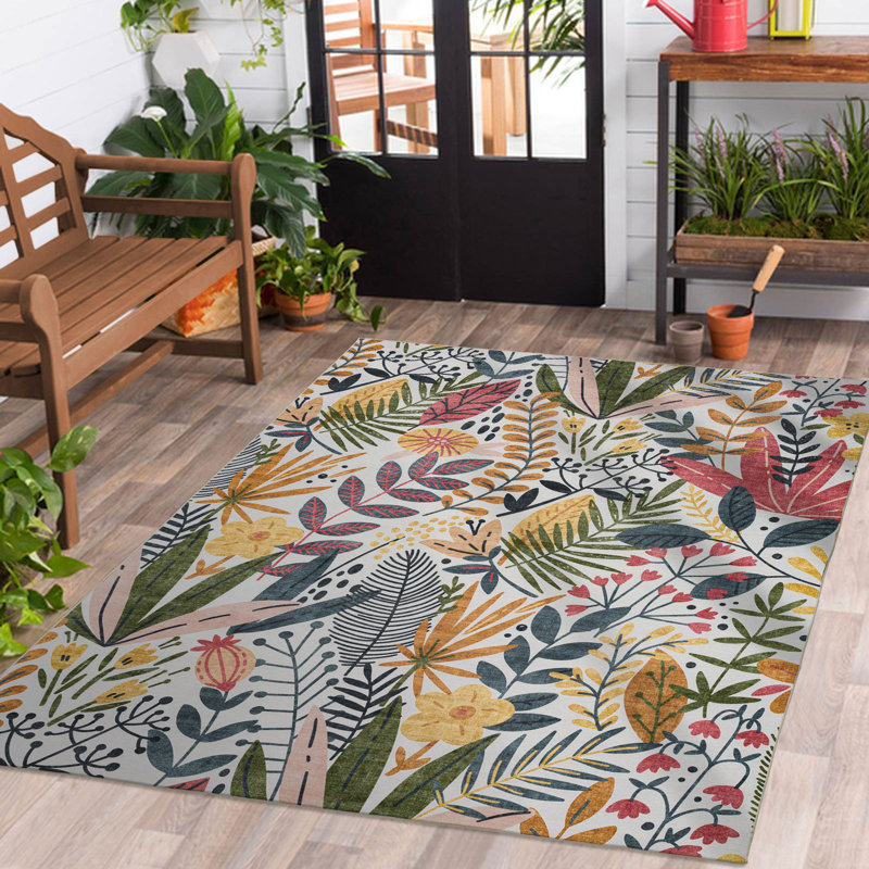  Floral Colorful Design Outdoor Rug Pink/Green/Ivory Multi, Rectangle 3'6" x 5'6"