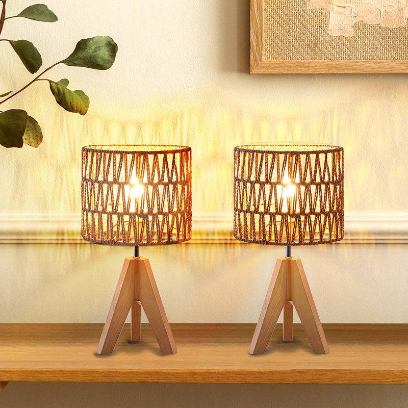 Aurion 14.2" Light Brown Solid Wood Tripod Table Lamp Set with Rattan Shade
