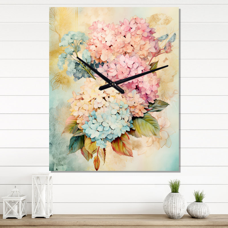 Retro Hydrangea Bouquet In Pink I - Hydrangea Very Large Wall Clocks, Large