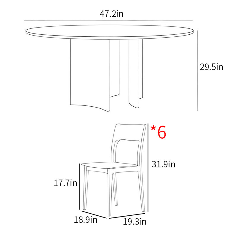 Modern simple home round dinning table sets, 29.5”H x 47.2”L x 47.2”W, 7 pieces: 1 Table, 6 Chairs