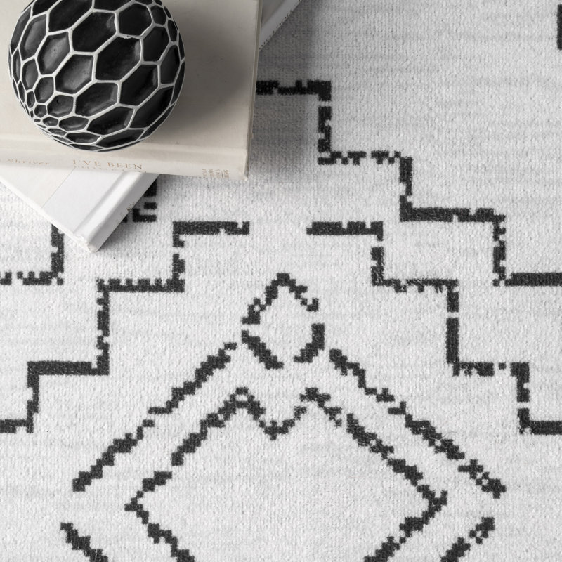 Oscar Geometric Machine Washable Area Rug for Living Room Bedroom Dining Room Kitchen, White/Charcoal, Round 8'