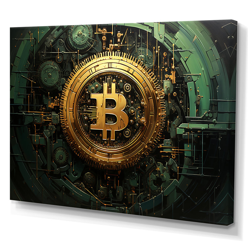 Or et vert - Crypto monnaie - art mural mode, Toile tendue, H 34 po x l 44 po x P 1,5 po
