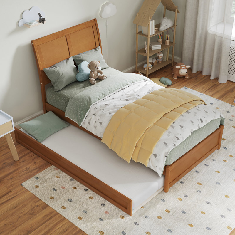 Lit plateforme en bois massif Lamayia avec pied de lit et lit gigogne, Simple, Caramel clair