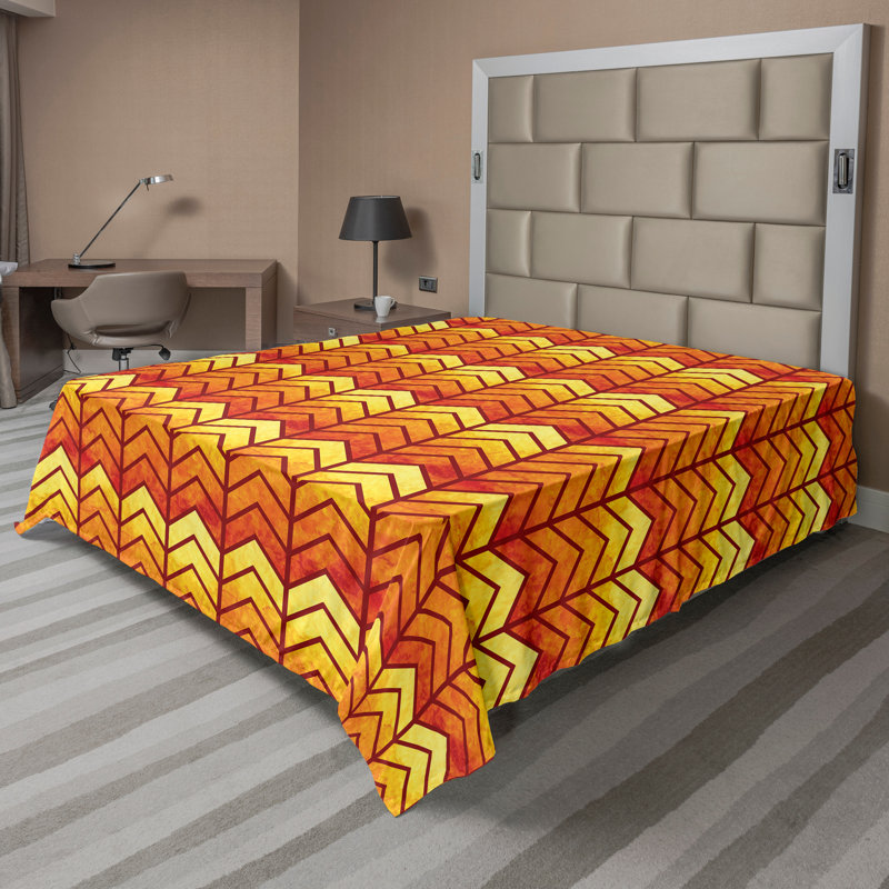 Ambesonne Top Flat Sheet Royal, Orange Yellow Chevron 1, Queen Flat Sheet