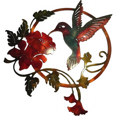 Décoration murale ronde en métal oiseau - Colibri silhouette d'art mural pour votre patio, jardin et clôture, silhouette murale d'oiseau à suspendre à l'intérieur et à l'extérieur (rouge)
