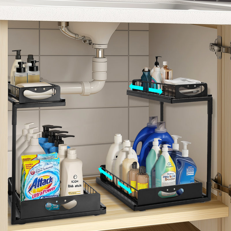 Black Metal 2-Tier L-Shape Under Sink Organizer, 2 Pack