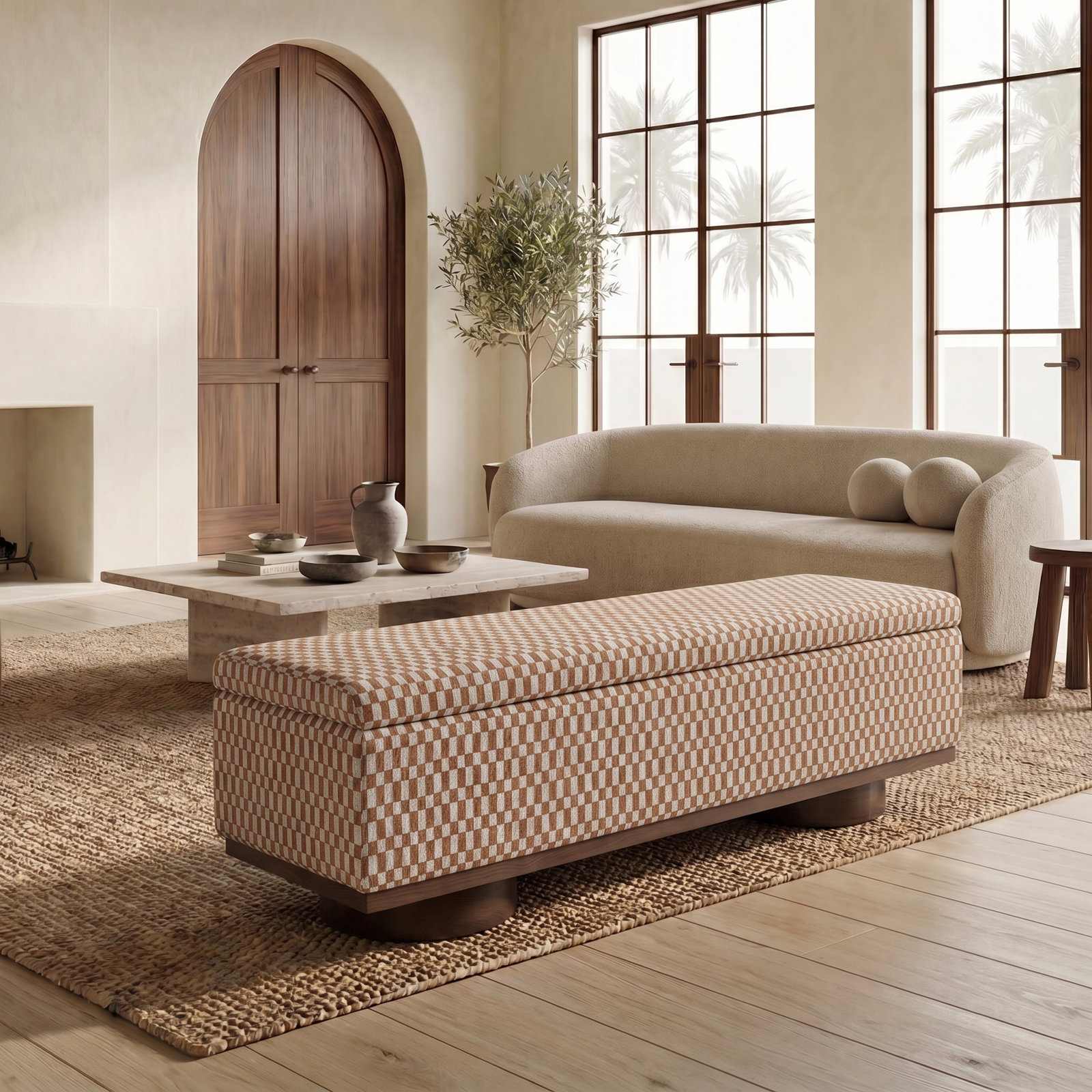 Morje 61" Linen Entryway Bench, Brown Boucle, Walnut