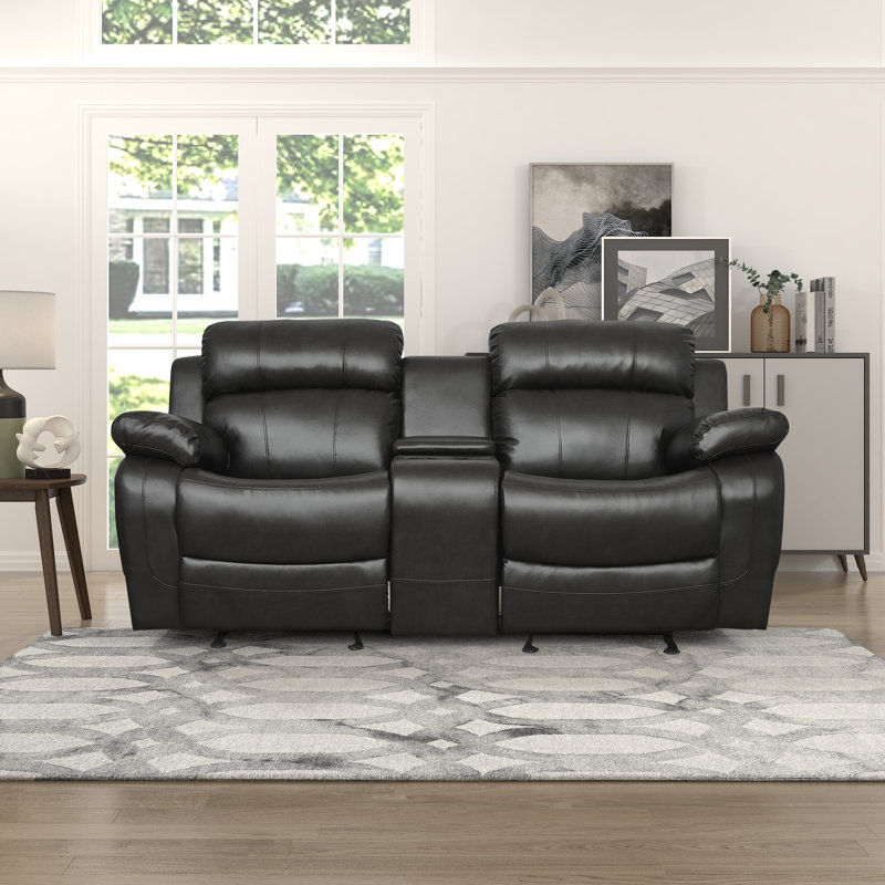 Nazeeha 77.5" Modern & Contemporary Faux Leather Double Glider Reclining Loveseat with Center Storage Console, Tab Pull Reclining & Gentle Gliding Motion