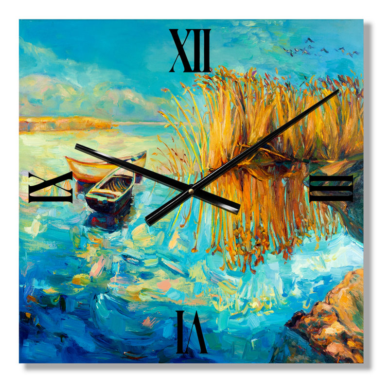 Horloge murale turquoise avec arbres au coucher du soleil, Très grand