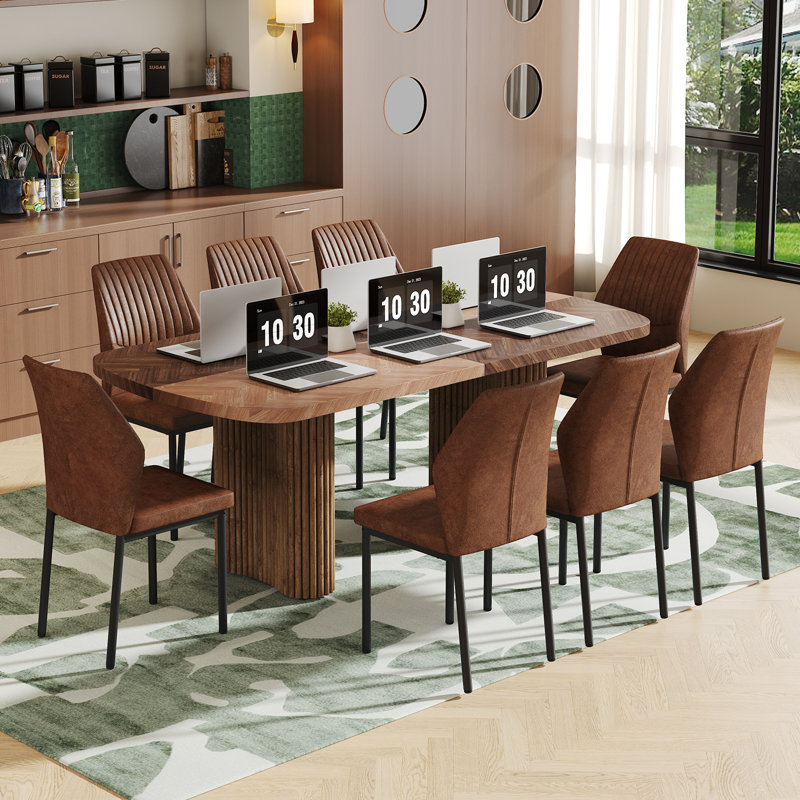 Grande table de salle à manger de style campagnard à double piédestal robuste, 9 pièces : table, 8 chaises, Brun