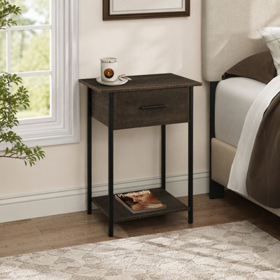 Table d'appoint, 2 niveaux, bout, lampe, salon, table d'appoint, tiroir de rangement, petit, stratifié, métal noir, contemporain