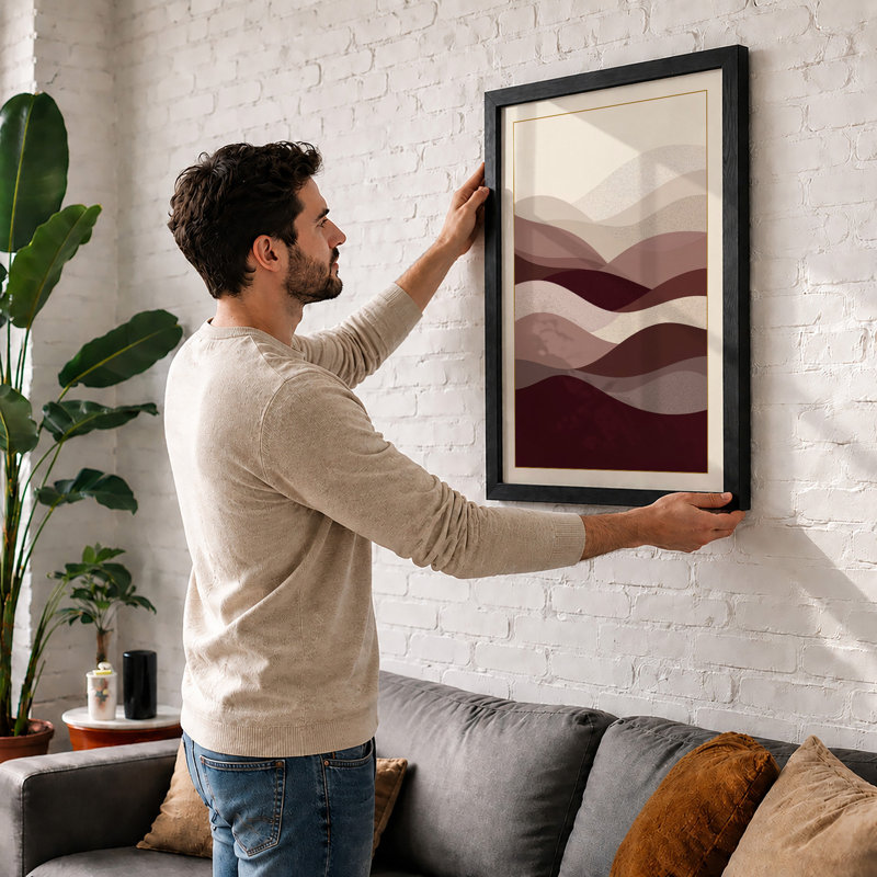 Layered Waves Minimalist - Framed Print, A4 - 29.7 x 21.0 cm, Walnut