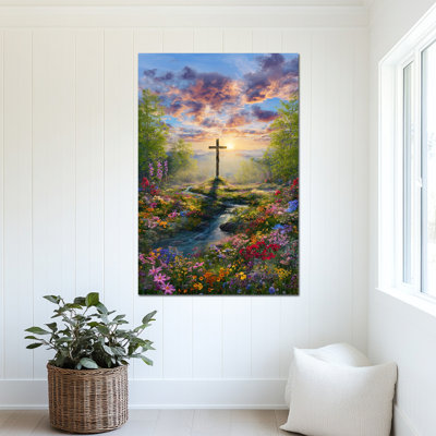 Art mural de Pâques, décorations murales de Pâques, impressions sur toile de Pâques pour le salon, art mural chrétien, images inspirantes du printemps de croix encadrées prêtes à être accrochées 32 po x 48 po