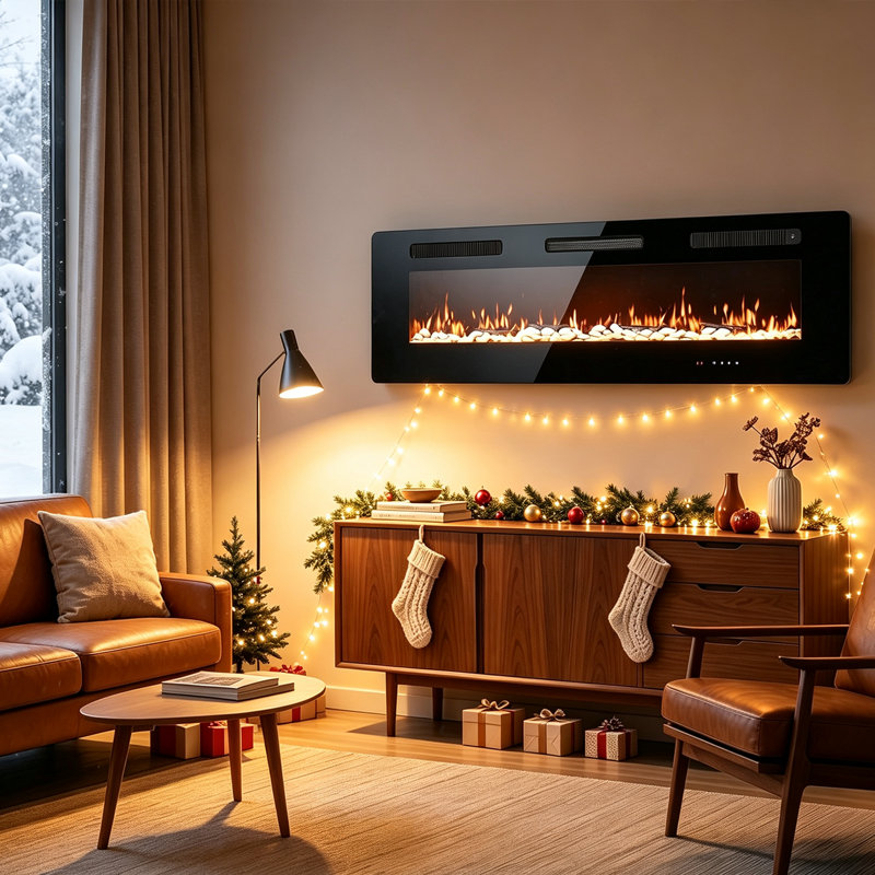 Foyer électrique mural Delphi avec minuterie, télécommande, flamme réglable, 700 W / 1400 W, H 19,68 po x l 50 po x P 4,13 po