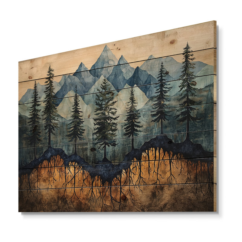 Montagne, forêt, pin, racines II - paysage de montagnes, art mural sur bois de pin naturel, H 34 po x l 44 po x P 0,78 po