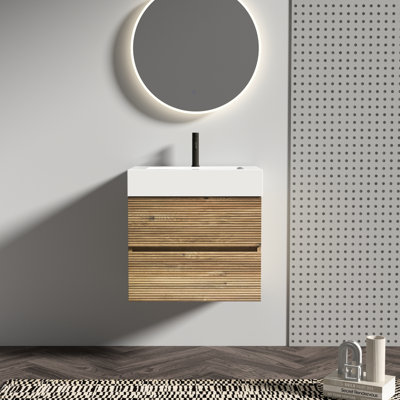 Meuble-lavabo de salle de bain avec chêne brut Grace 24, lavabo blanc brillant, tiroirs silencieux, finition de catégorie E0, drainage en forme de U, meuble-lavabo mural moderne de 23,49 po de profondeur, conception en chêne, panneaux doubles E1, ferme