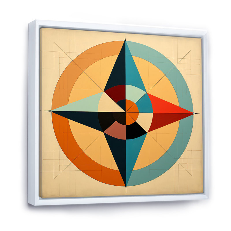 «Midcentury Compass», abstrait géométrique rétro sur toile, H 16 po x l 16 po x P 1 po, Cadre flottant blanc