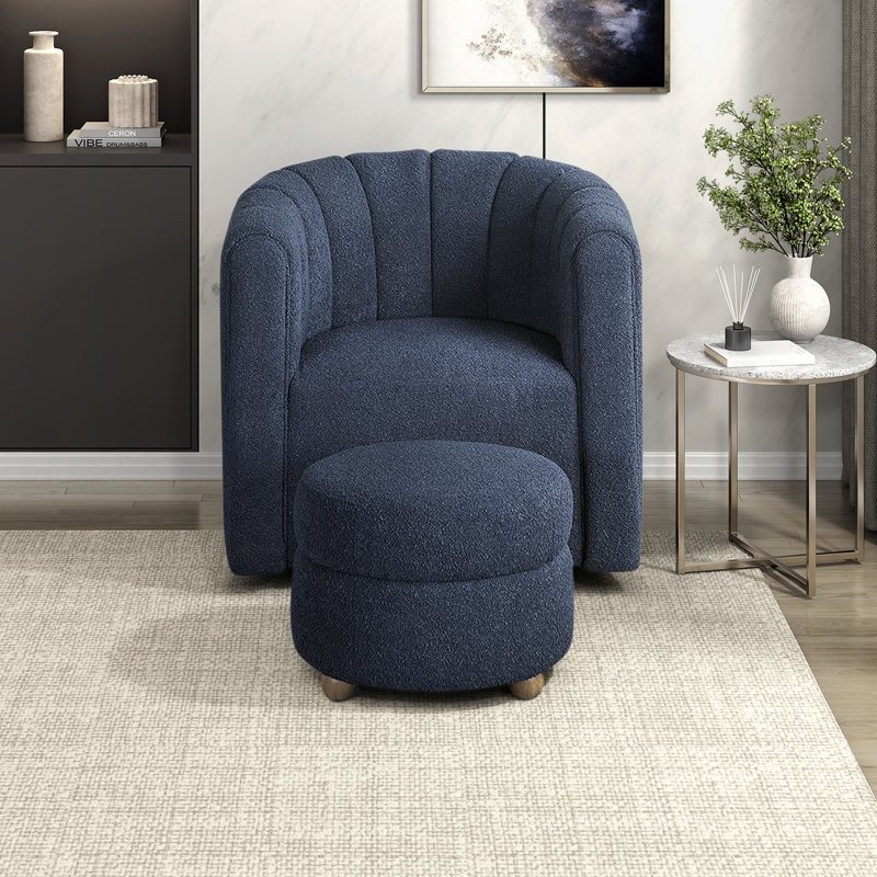 Modern Contemporary Swivel Chair with Ottoman Boucle Fabric Upholstery Solid Wood Living Room Furniture, Blue Boucle