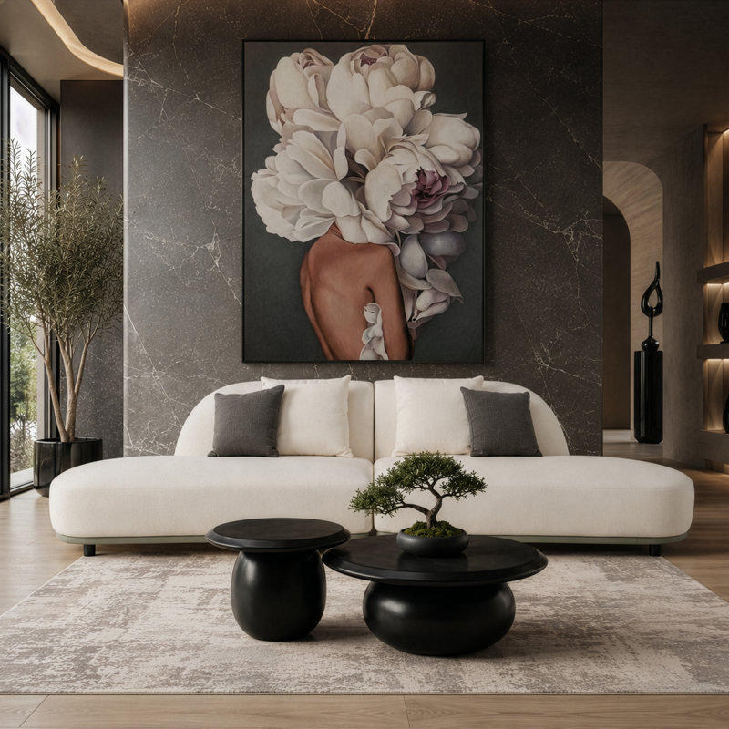 Falcone - Contemporary Off-white + Grey Bonded Leather Curved Sectional Sofa