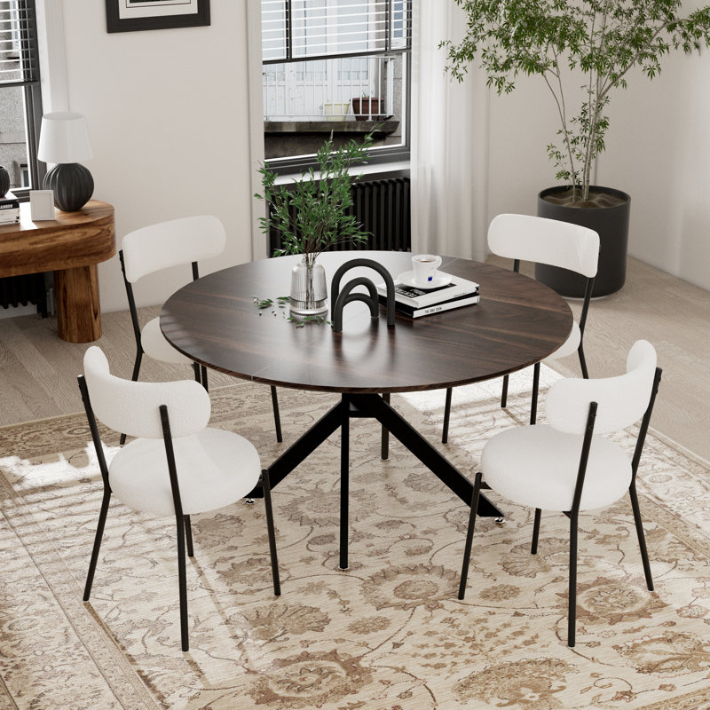 Ensemble de salle à manger à piédestal rond avec chaise Teddy, Brun, Blanc/Noir