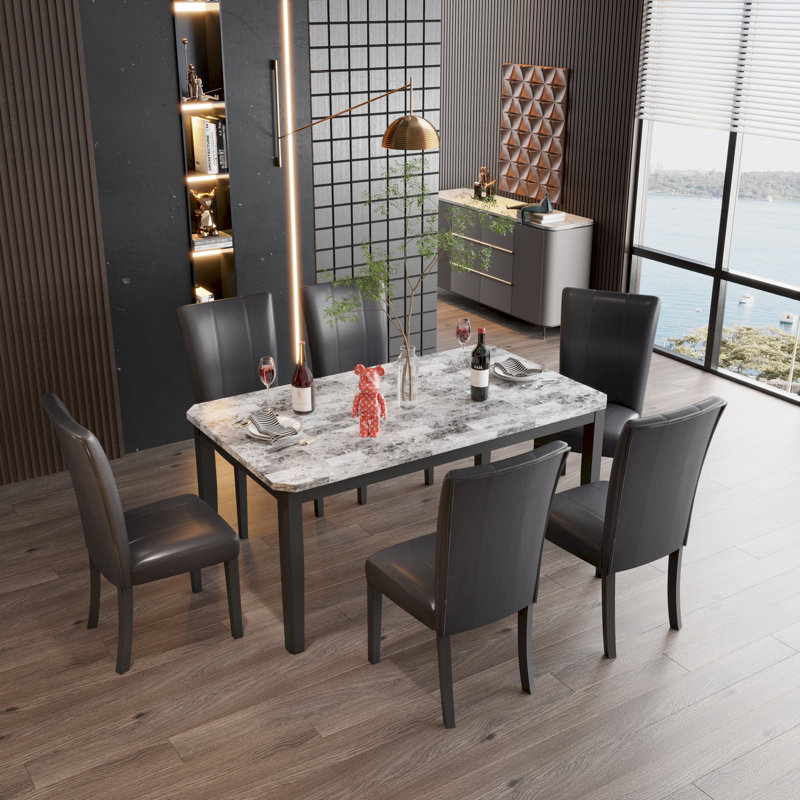 Ensemble de table de salle à manger noir 7 pièces avec 1 plateau en faux marbre et 6 sièges rembourrés