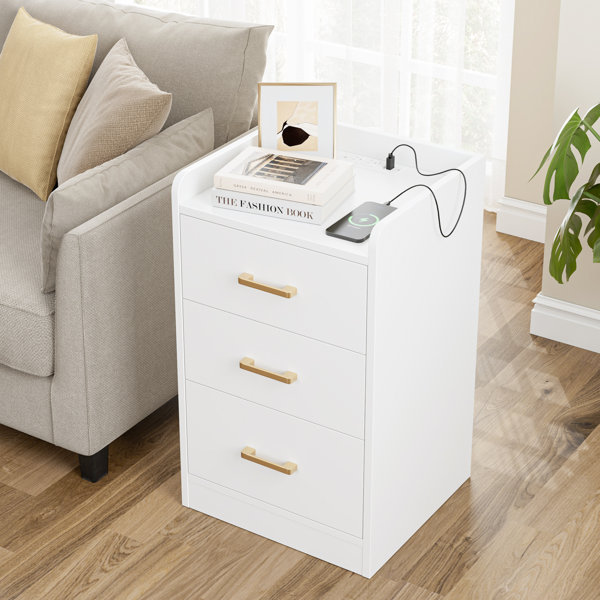 Brackett Plug-In Wood End Table with Storage Shelf 2 Drawers Nightstand Side Table Cabinet Bedside Furniture Wade Logan Color: White