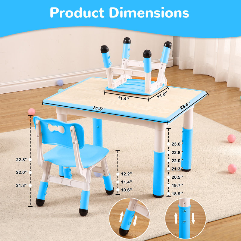 Ensemble de table et 4 chaises réglables pour enfants - Bureau d'activité antidérapant durable - Surface graffiti facile à nettoyer - Polyvalent pour le bricolage, l'étude et le jeu - 2 à 10 ans - Maison, zone d'étude, garderie - Bleu